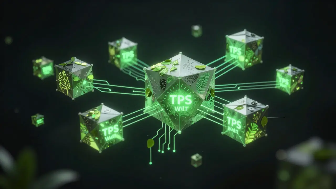 Glowing green blockchain nodes integrated with organic sustainable design
