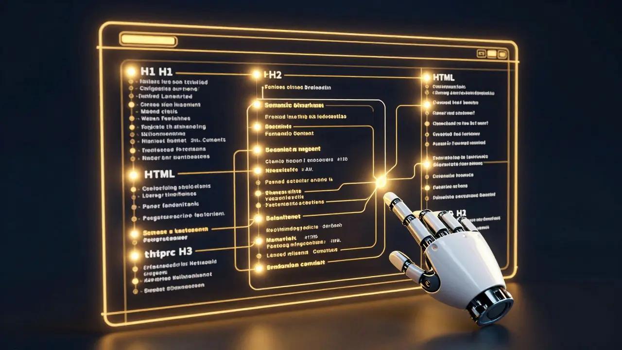 Glowing wireframe structure representing organized web code navigation