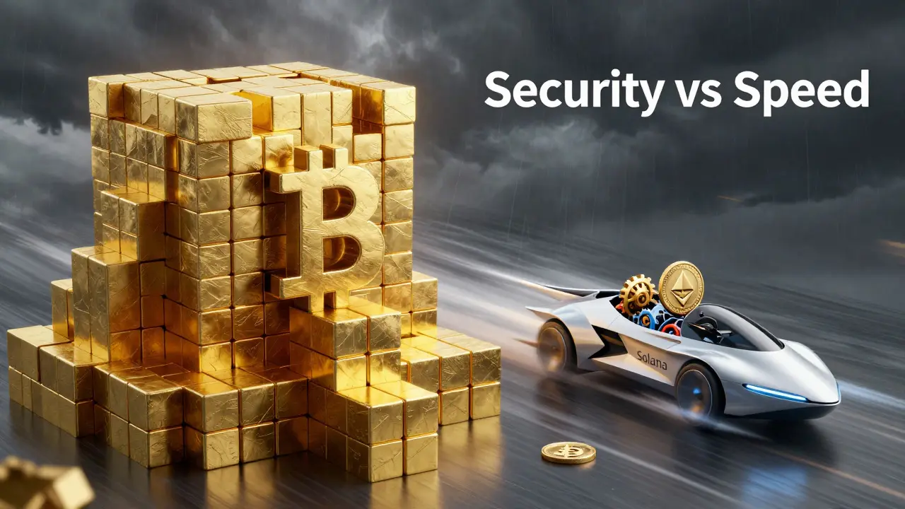 Gold fortress representing Bitcoin security versus fast altcoin vehicles