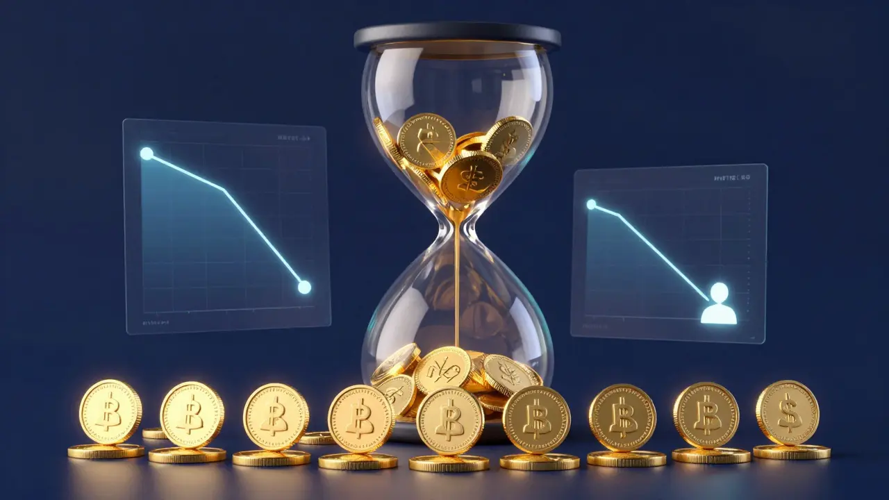 Golden coins flowing down as prices drop in a fair NFT auction