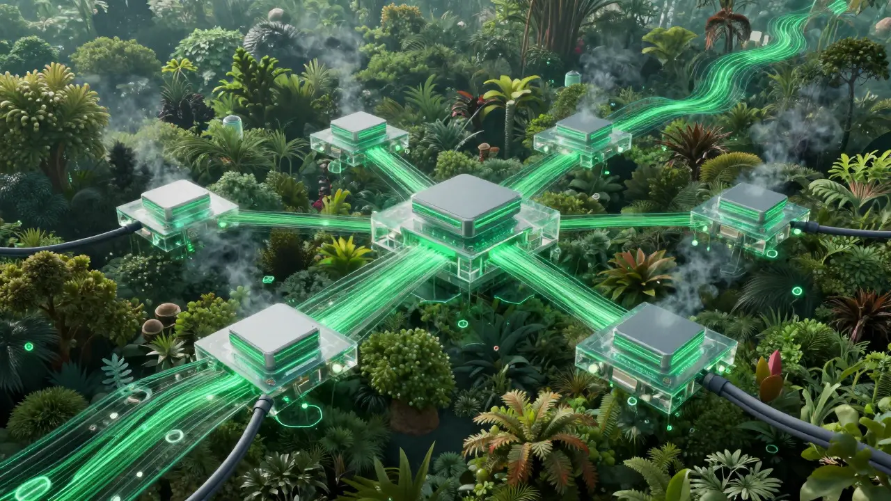 Green data streams flowing through crystal network over digital forest