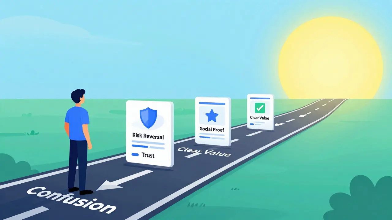 Illustration of user journey from confusion to trust via sales page