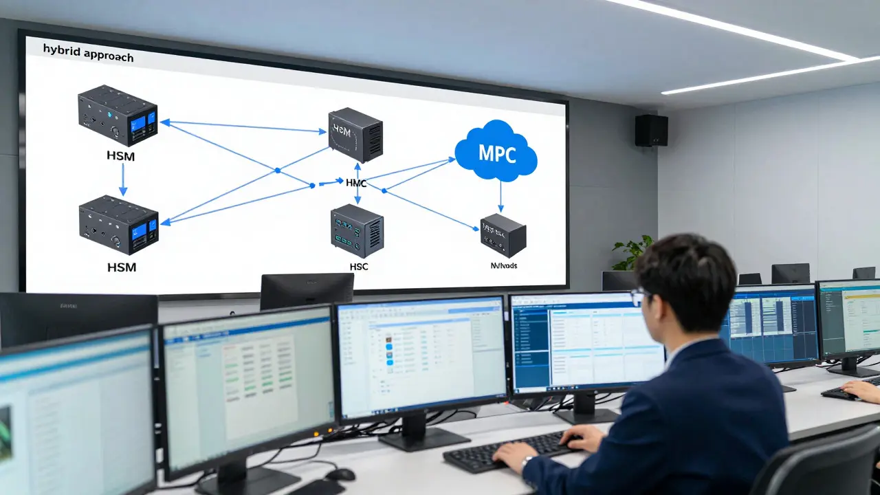 Institutional ops center displaying hybrid HSM and MPC security architecture