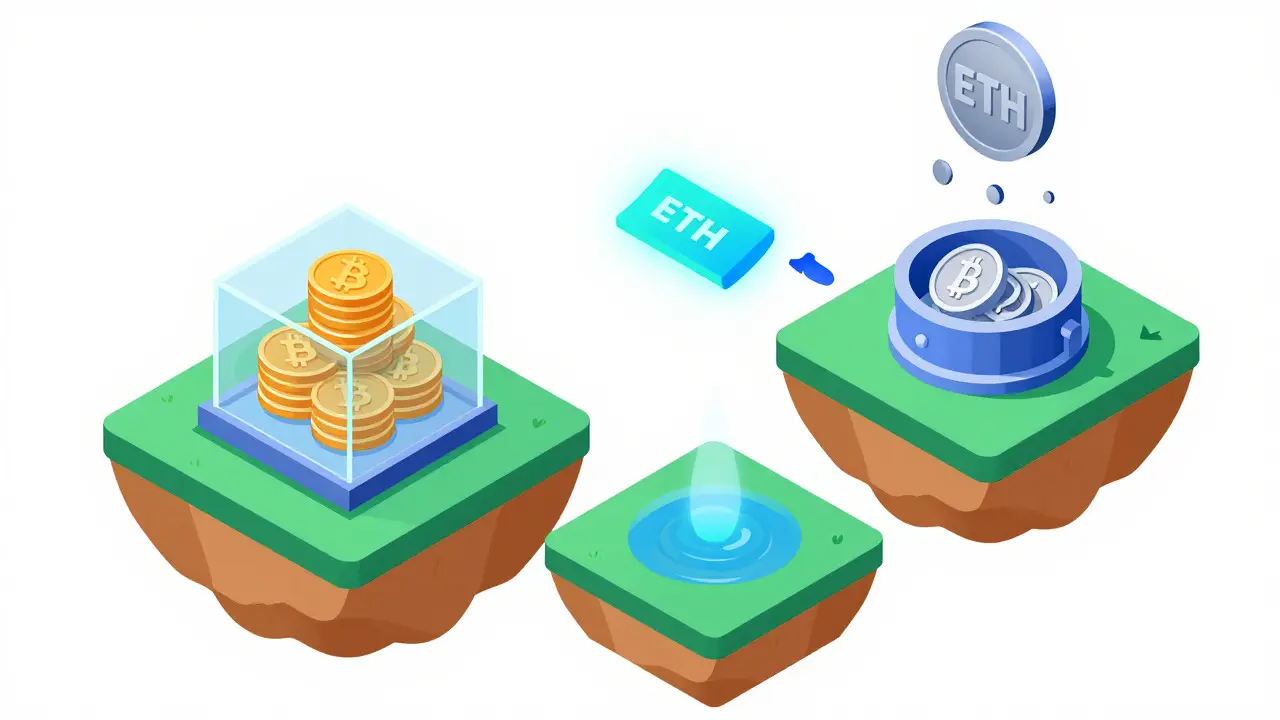 Isometric diagram of native assets swapping across blockchain islands