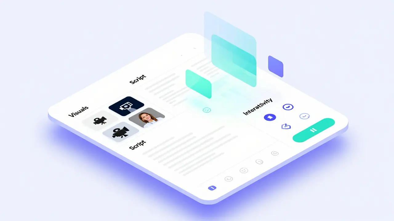 Isometric illustration of a digital storyboard table with visual and script columns