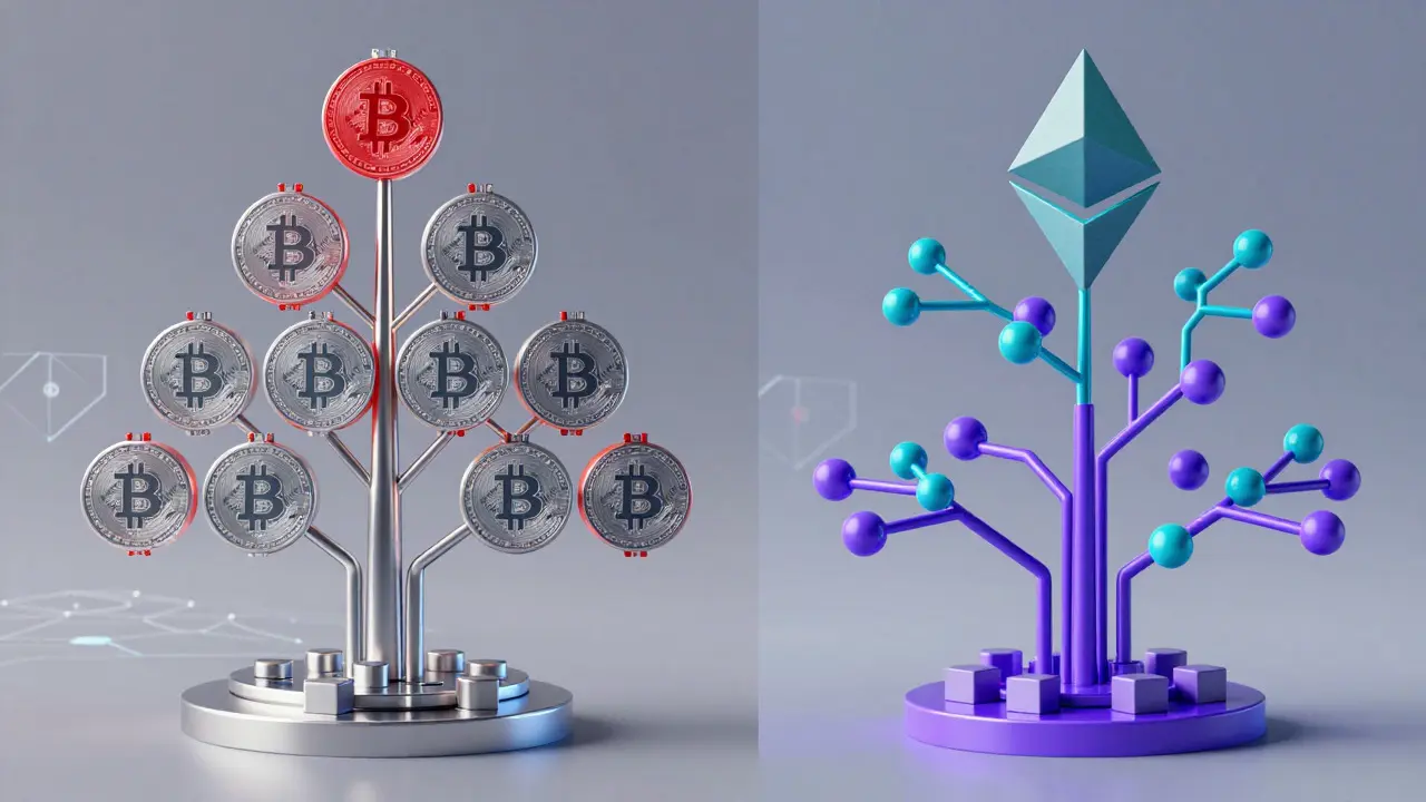 Side-by-side comparison of Bitcoin's binary Merkle tree and Ethereum's complex Merkle Patricia Trie.