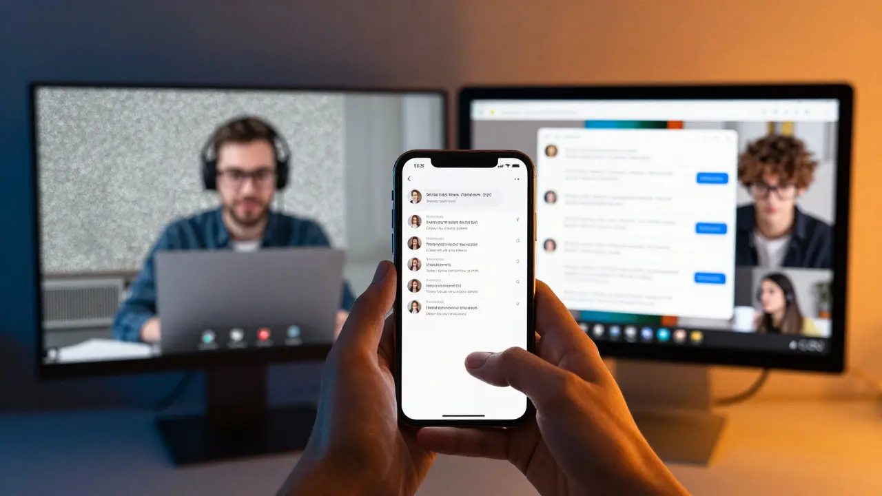 Split screen showing frozen video call transitioning to active student chat