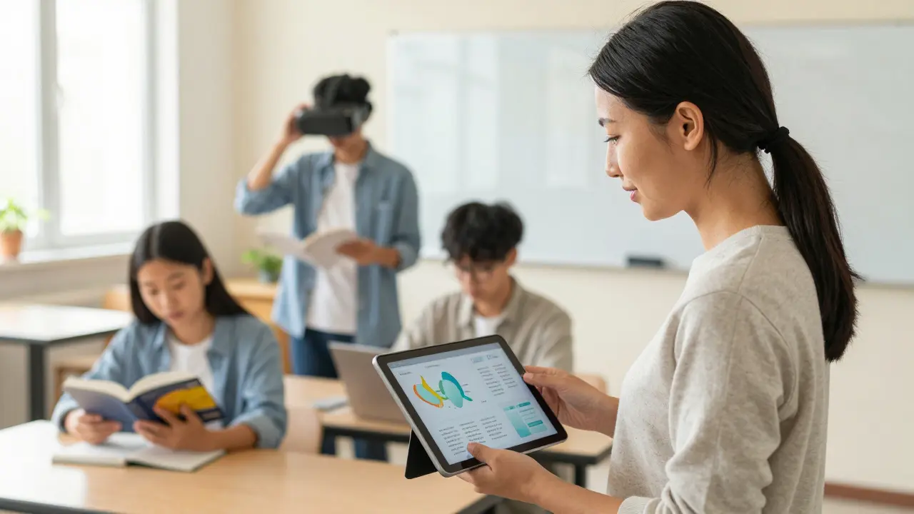 Teacher acting as learning coach in a modern classroom with diverse student activities.