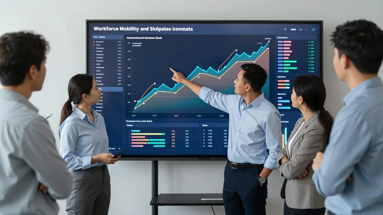 Team discussing workforce insights on a large interactive data screen