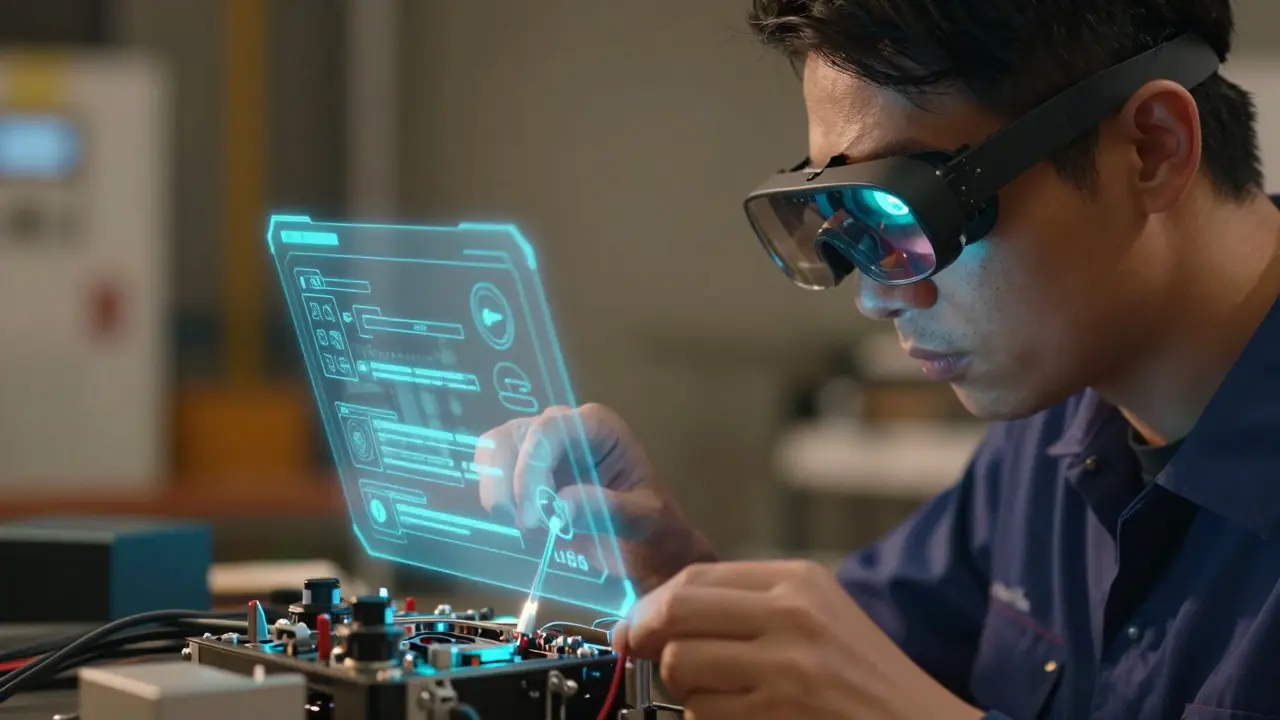Technician using AR glasses for step-by-step repair instructions