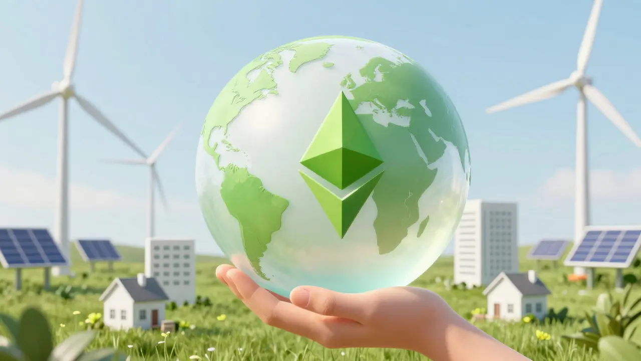 Tiny green energy sphere compared to large globe, showing 99% cut