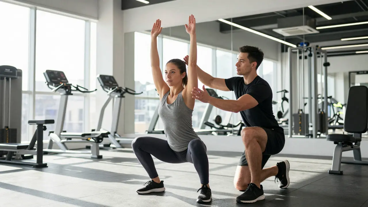 Trainer assessing client's form during overhead squat