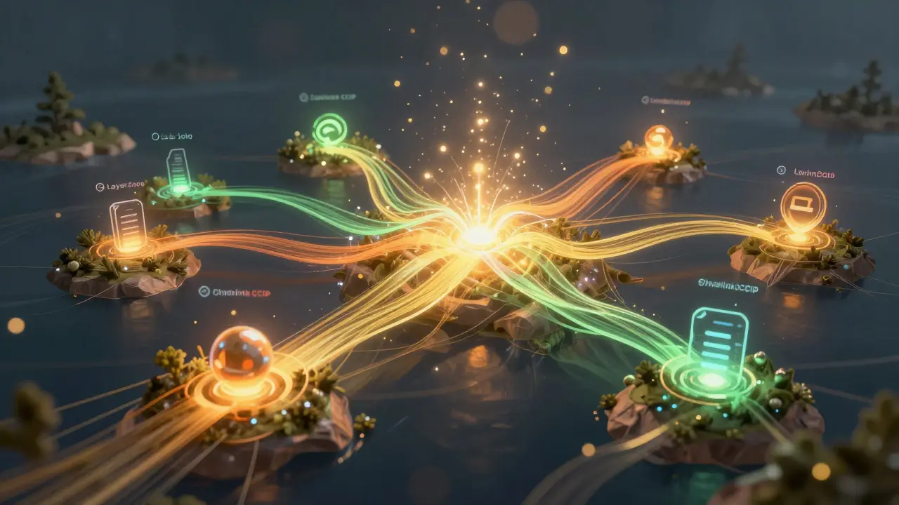Unified web of colorful light ribbons connecting blockchain nodes