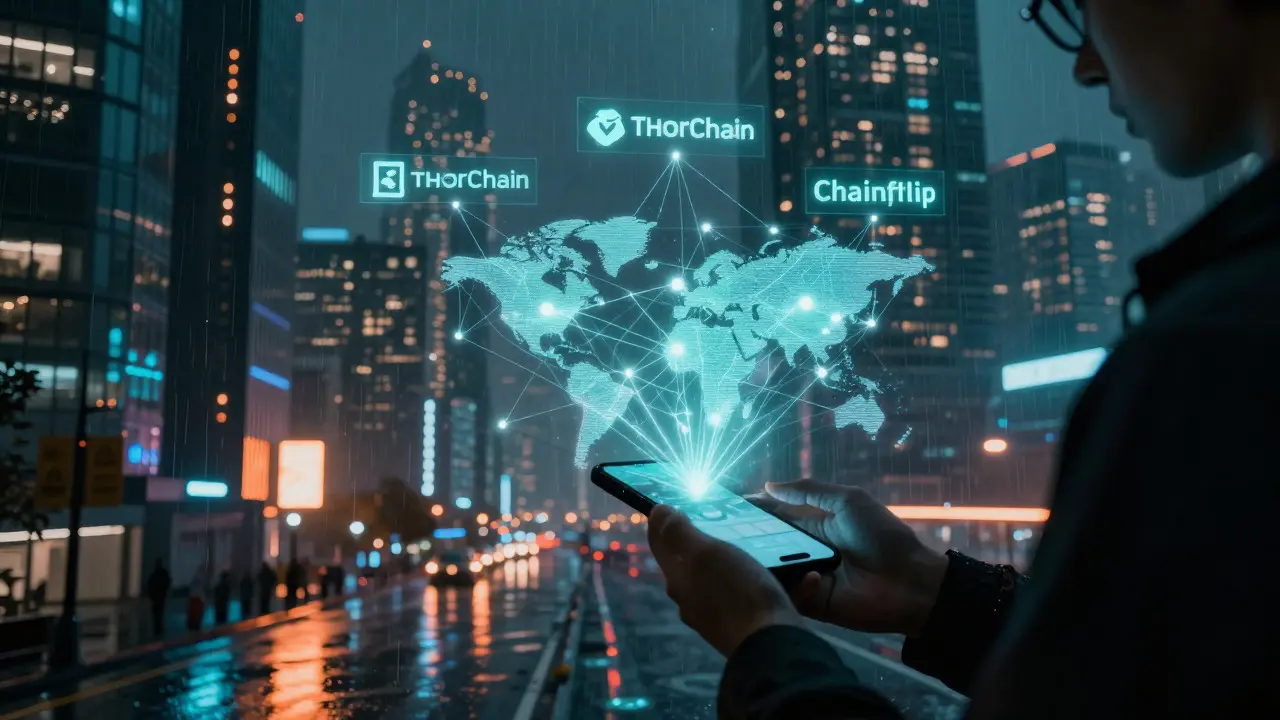User controlling cross-chain transactions in a futuristic neon city