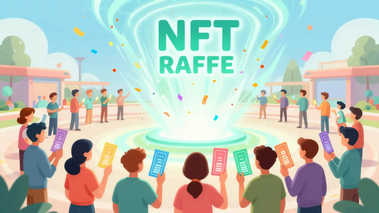 Users holding glowing tickets in a random NFT raffle draw