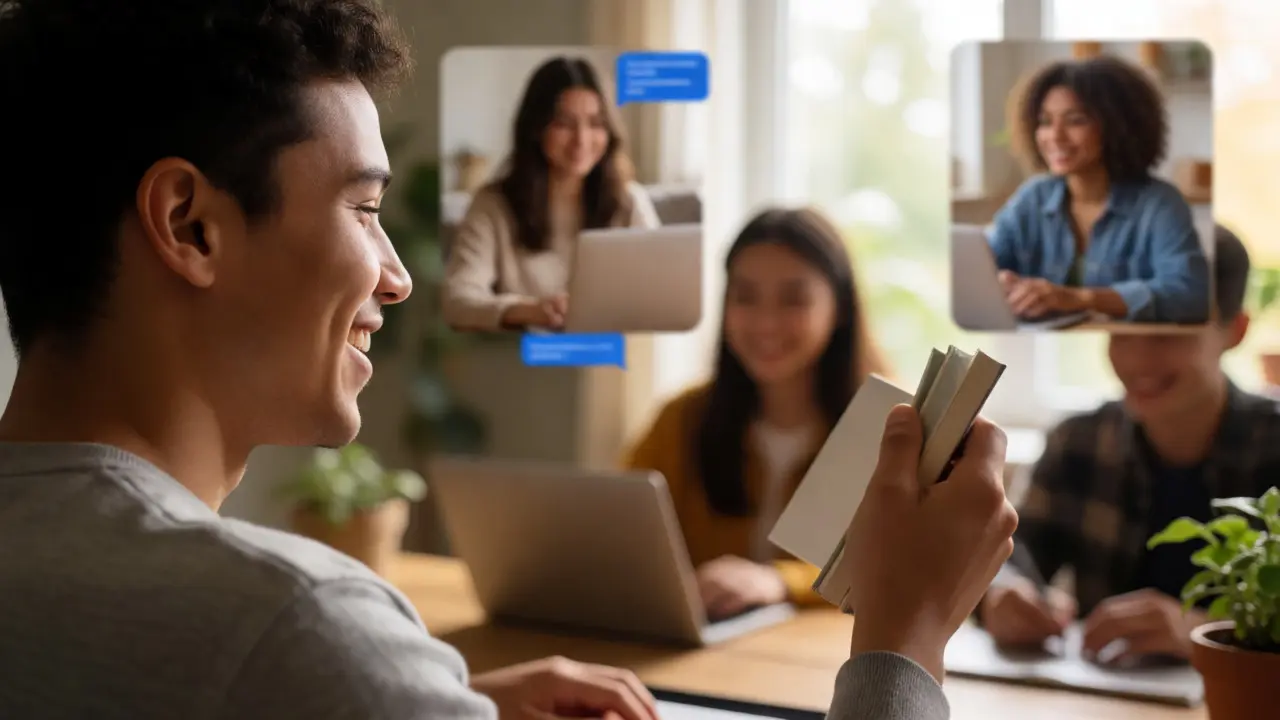 A student smiling at their webcam holding up an object during a virtual class icebreaker activity.