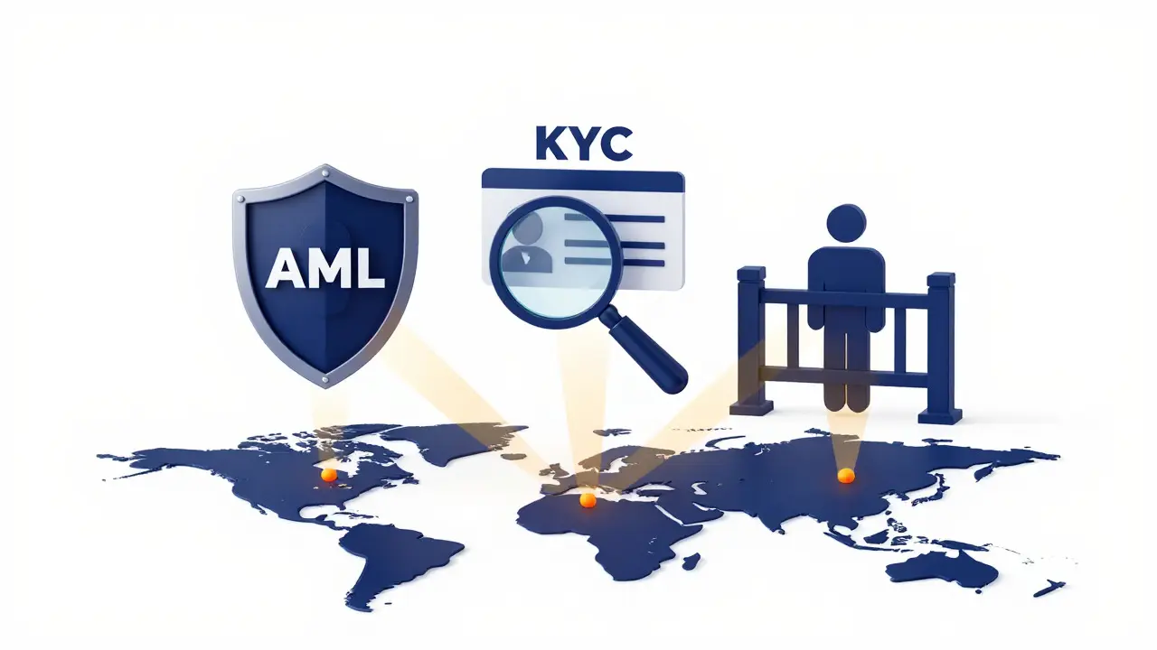 Abstract 3D graphic illustrating AML, KYC, and sanctions as interconnected security pillars.