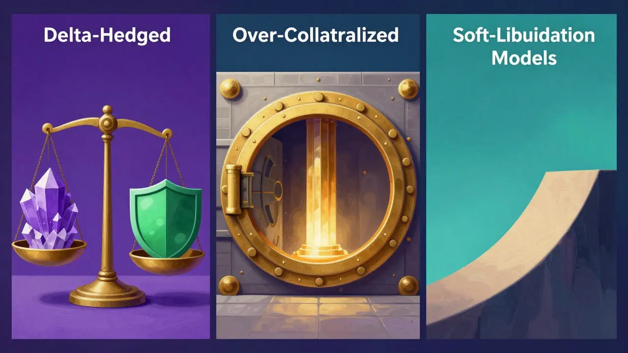 Abstract art showing scales, vaults, and ramps representing different stablecoin models