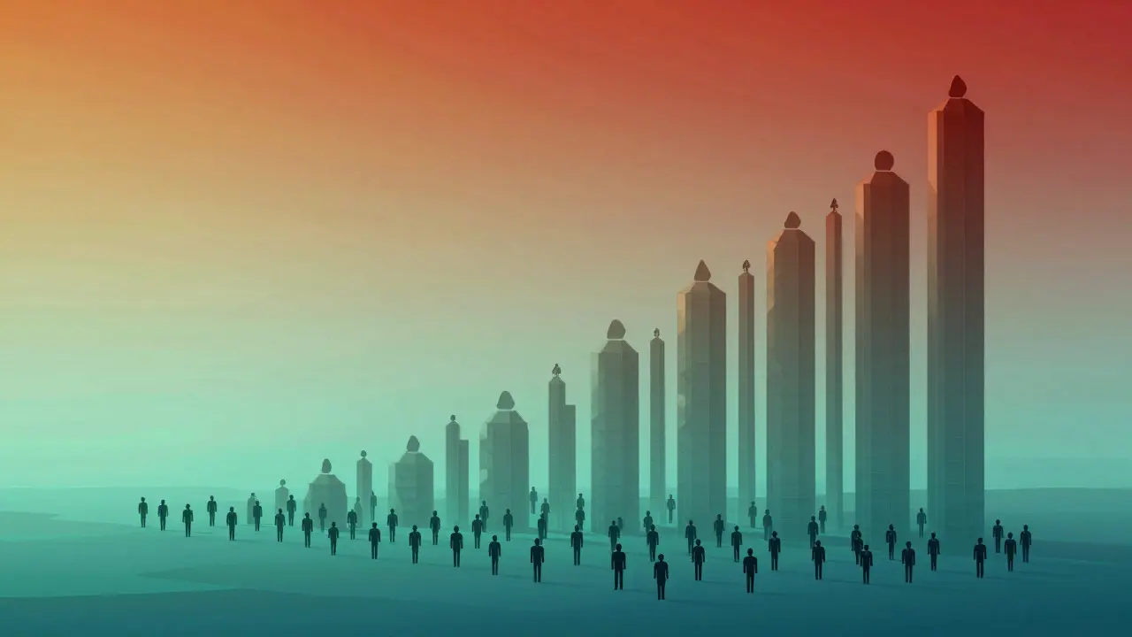 Abstract art showing small shapes merging into large towers to illustrate wealth concentration