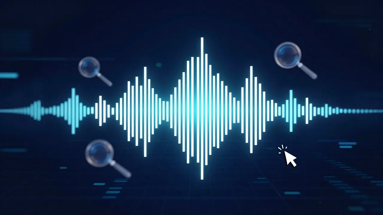 Abstract illustration of audio waves transforming into searchable text blocks