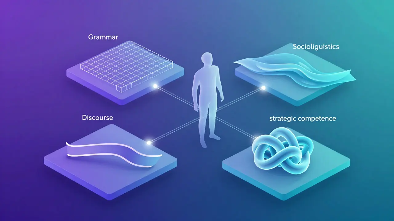 Abstract illustration of four interconnected pillars representing different aspects of language competence.