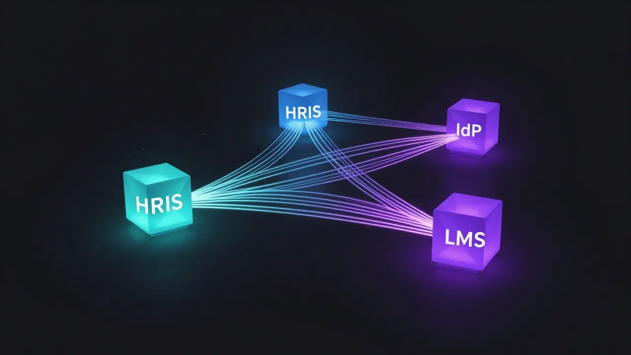 Abstract illustration of three connected digital nodes with flowing light