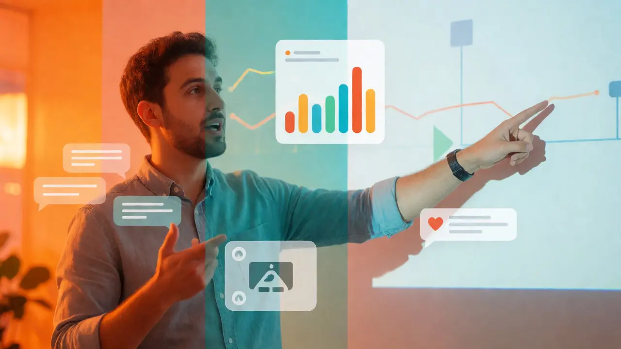An instructor teaching dynamically with floating digital icons representing polls and chat interactions.