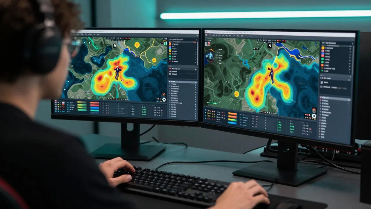 Analyst reviewing gameplay heatmaps and data metrics on computer screens