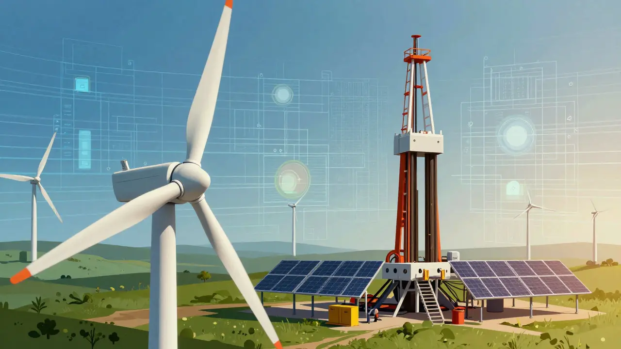 Artistic blend of wind, geothermal, and solar energy infrastructure