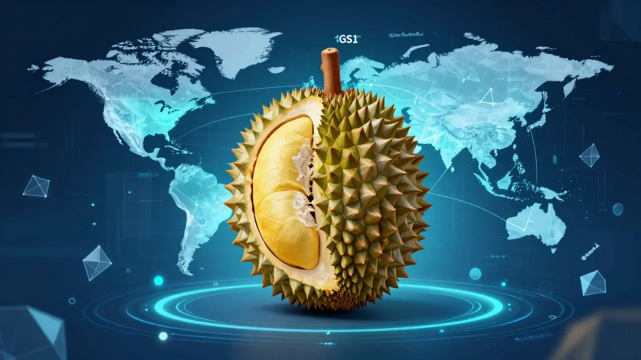 Artistic depiction of a durian surrounded by global data network visuals