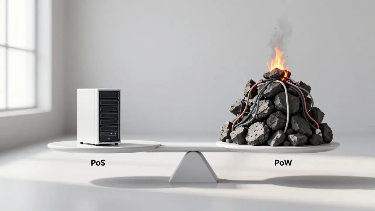 Balance scale comparing efficient PoS servers against heavy PoW energy costs