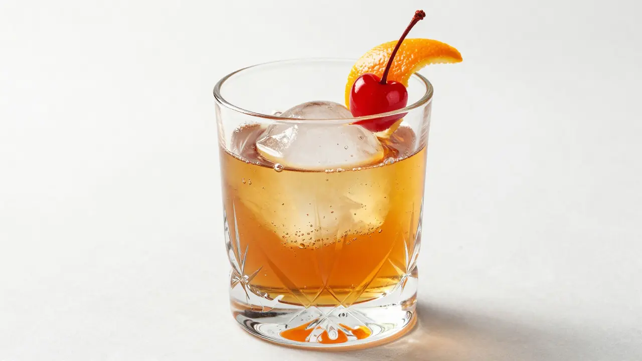 Close-up of an Old Fashioned cocktail with clear ice and orange garnish