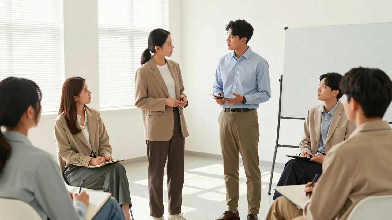 Colleagues participating in a constructive role-play exercise in a bright office.