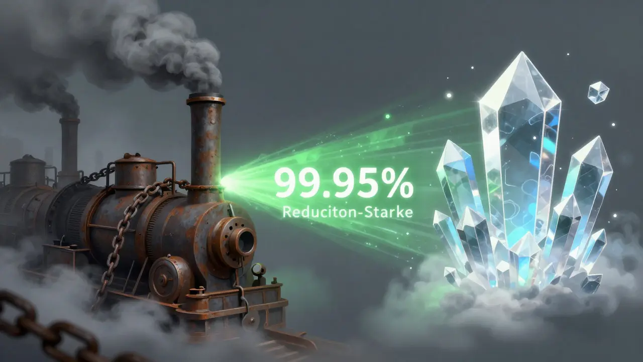 Conceptual art showing transition from heavy PoW machinery to sleek PoS crystals