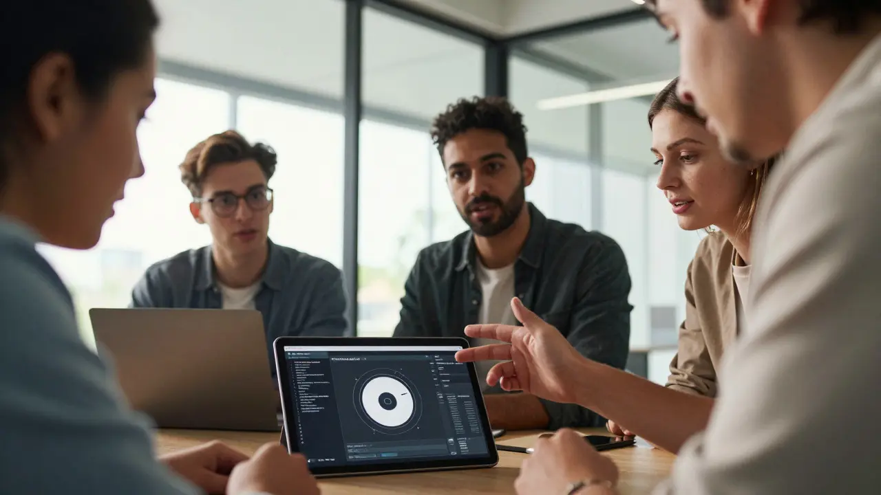 Developers discussing a project via video walkthrough in a bright office