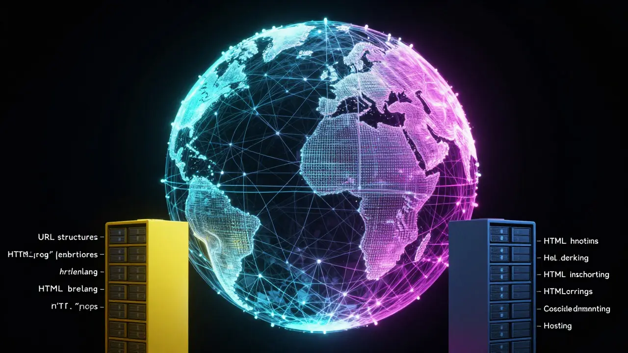 Digital art of a globe supported by SEO technical pillars
