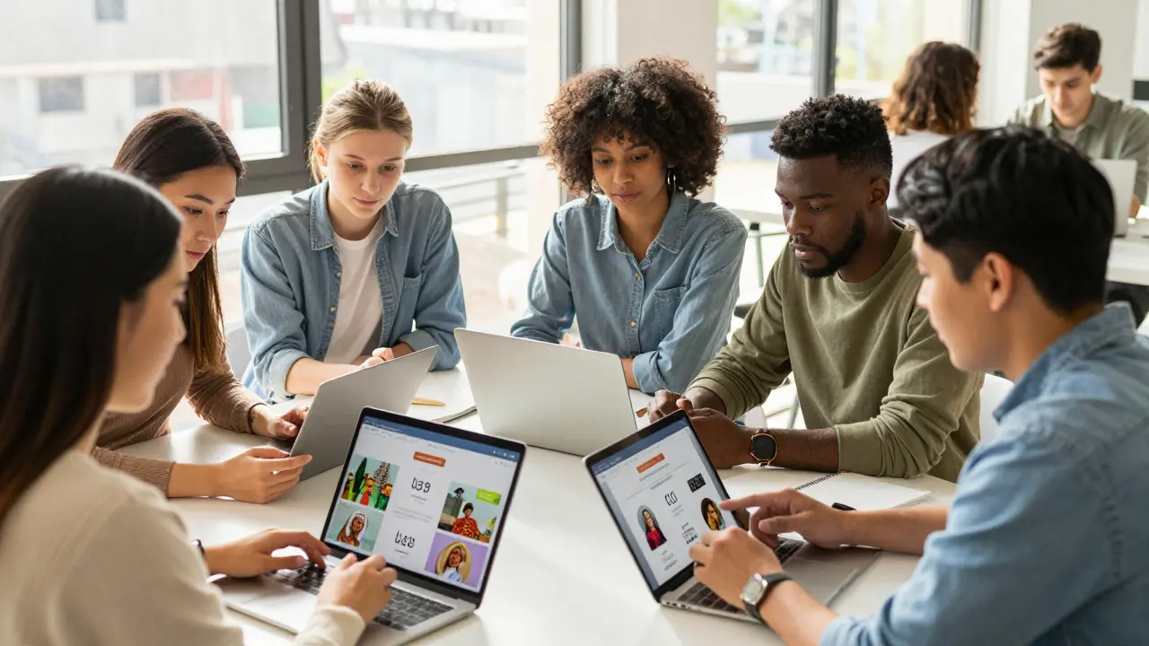 Diverse students engaging with localized online learning content