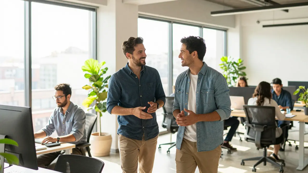 Diverse team collaborating happily in a bright, modern office space