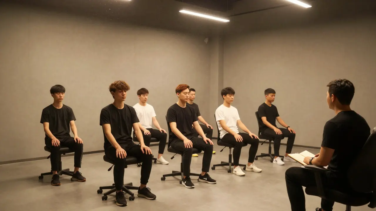 Esports team practicing silent coordination drills with observing coach