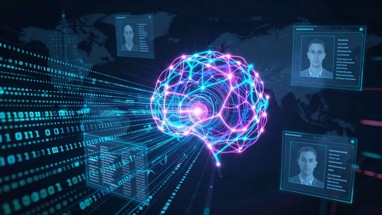 Futuristic AI neural network processing global financial data for automated compliance.