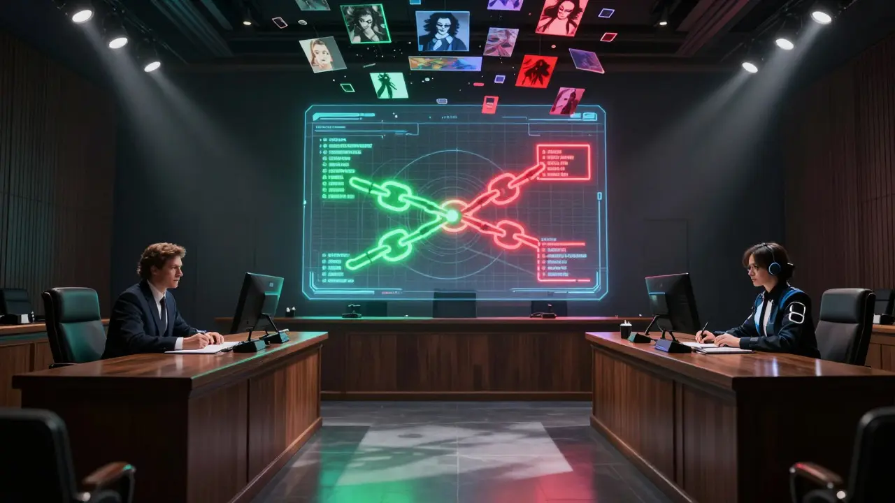 Futuristic courtroom scene with holographic ownership chain and two disputing parties