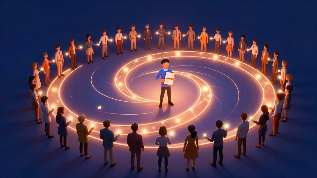 Glowing spiral showing students referring others in a loop