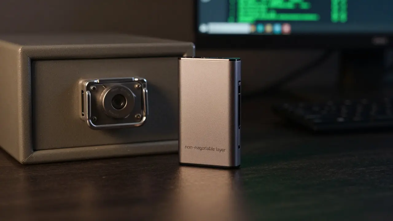 Hardware wallet on a desk next to a secure metal safe