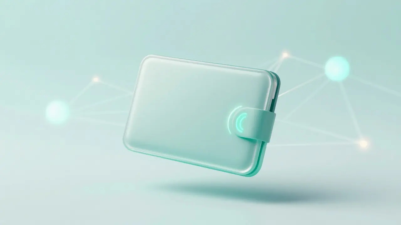 Minimalist glass digital wallet floating above interconnected network nodes