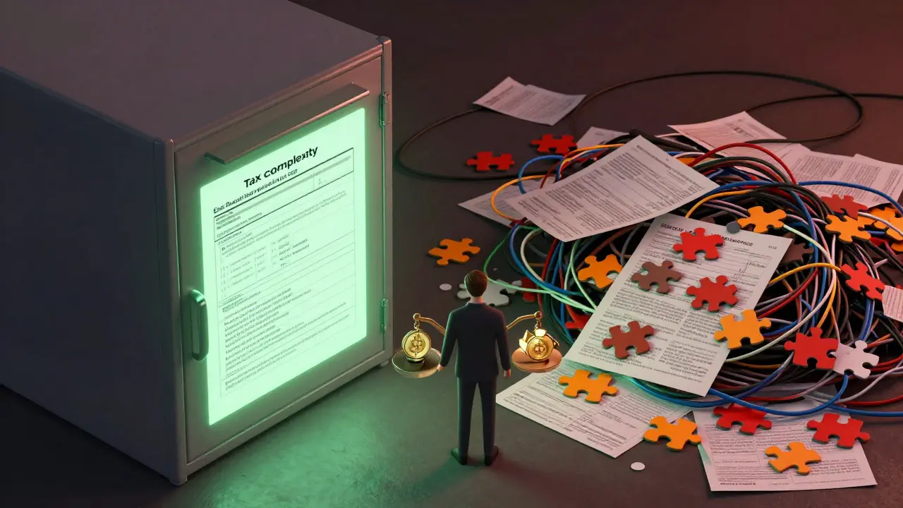 Organized files vs chaotic papers symbolizing ETF simplicity versus crypto tax complexity.