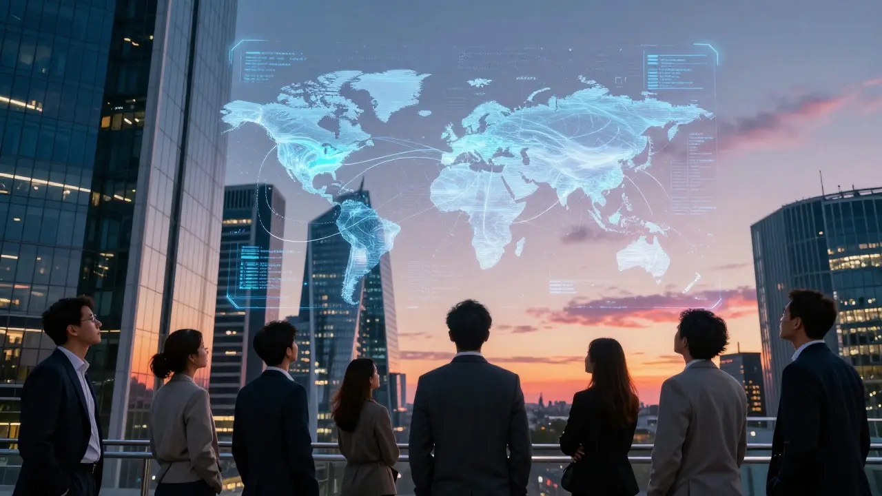 People viewing a holographic data projection in a modern city skyline at sunset
