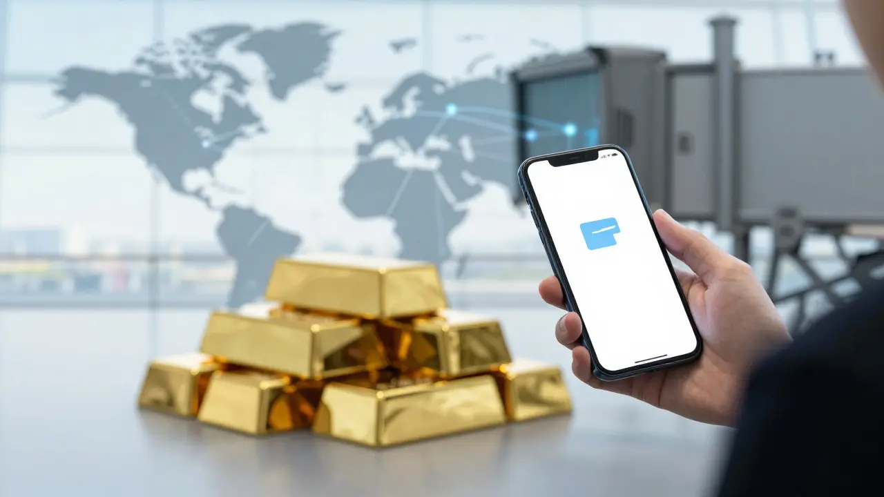Person at airport holding phone instead of heavy gold bars for travel