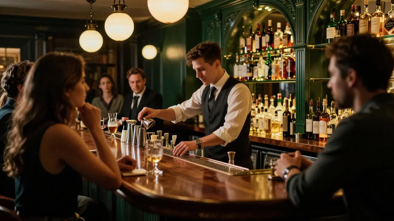 Professional bartender serving customers efficiently at a busy upscale bar