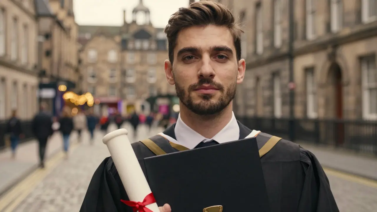Proud graduate holding diploma against historic Edinburgh backdrop