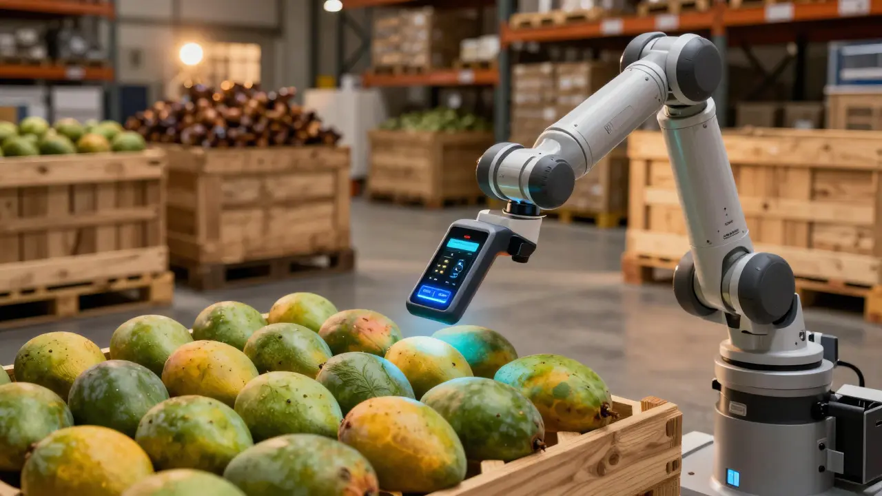 RFID scanner reading a pallet of mangoes in a modern warehouse